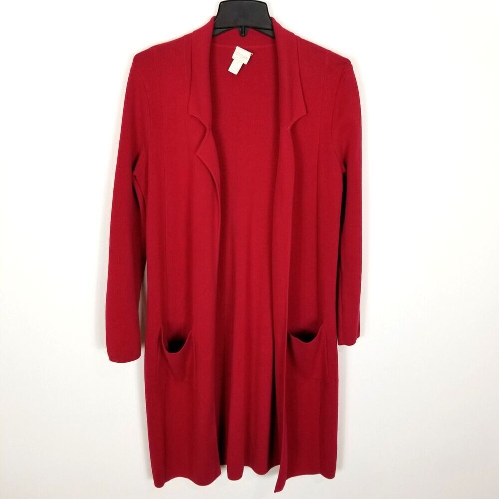 Chico's Women Size Cotton Knit Long Cardigan Sweater Size M Red Pocket Lagenlook
